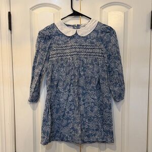 Blue Floral Smocked long sleeve Dress with White Collar
